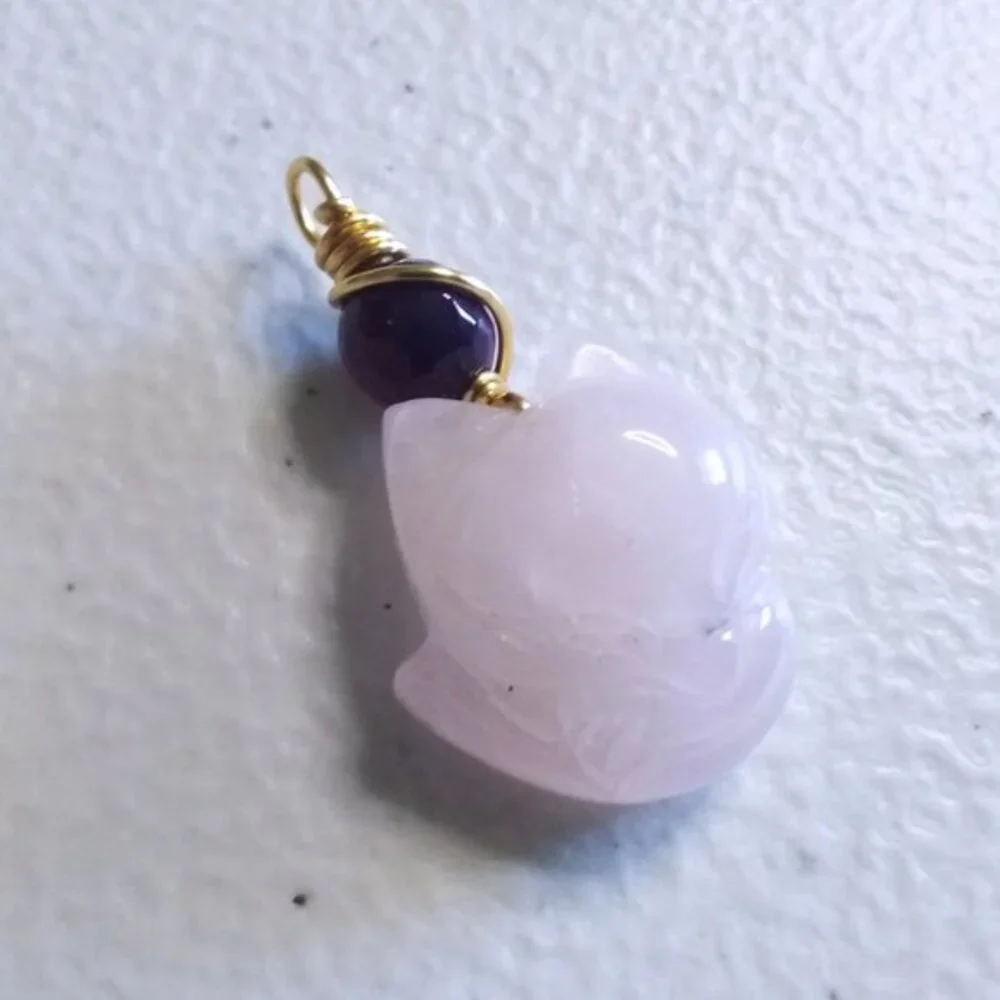 Handmade: Rose Quartz + Purple Agate Fox Spirit Pendant! Kitsune Spirit Guide